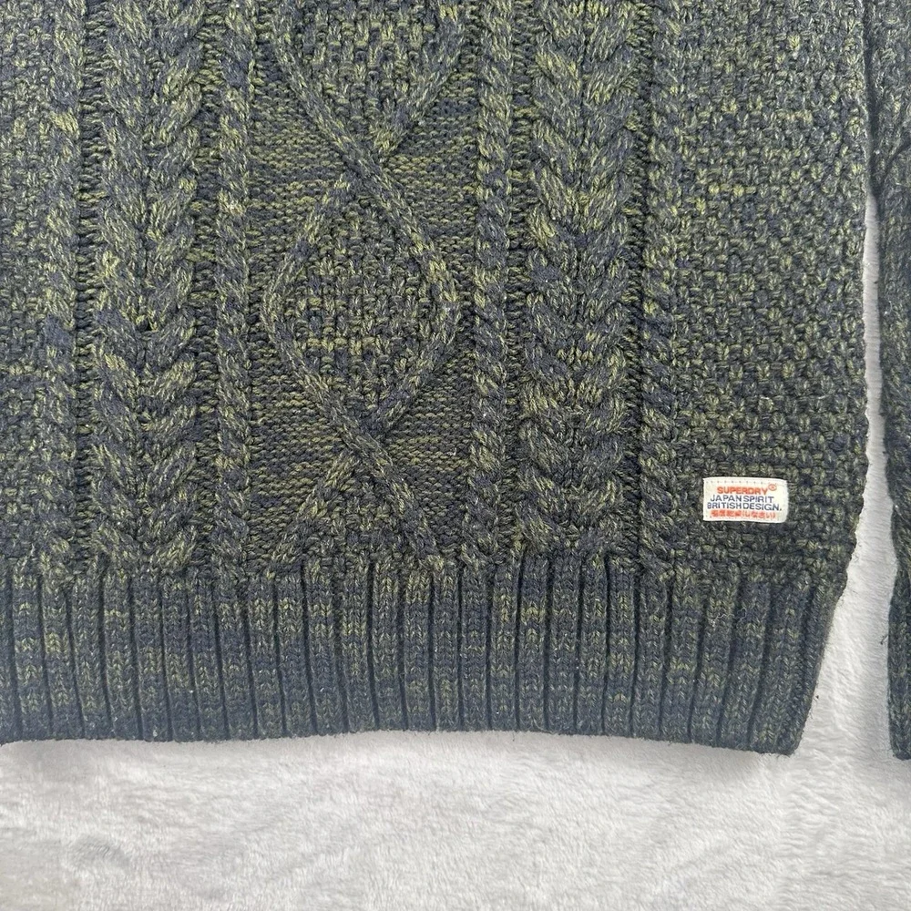 Superdry Mens Cable Knit Fisherman Sweater Olive Green Crewneck NE002 Size Large
